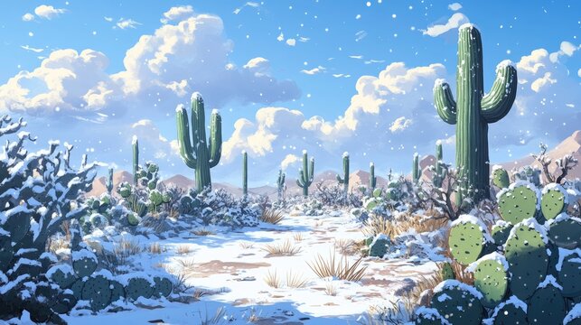 Desert landscape showcasing majestic saguaros and bushy chollas blanketed in a soft layer of snow under a vibrant, cloudy blue sky.