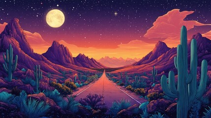 A vibrant vector illustration of a desert landscape showcasing majestic mountains and cacti, with an open highway leading towards a breathtaking sunset illuminated by a full moon.