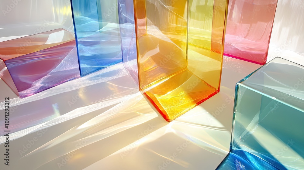 Poster multicolored transparent glass structures casting reflections on a smooth white surface.