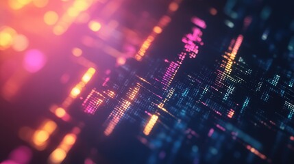 Obraz premium Glowing text over a vibrant, blurred digital backdrop symbolizing business finance and cryptocurrency markets with abstract patterns and lights.