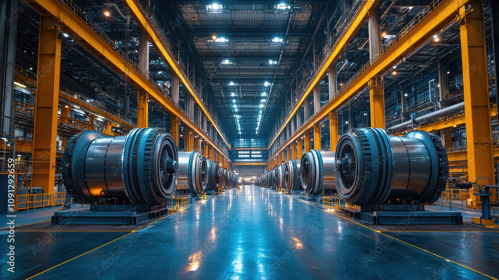 Aufkleber expansive empty turbine hall with rows of massive turbines, showcasing industrial design and enginee