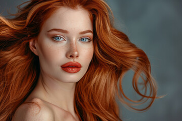 Fototapeta premium A beautiful woman with long red hair striking an elegant pose, her luxurious and shiny hair showcased against a gray background, her vibrant orange color being the focal point.