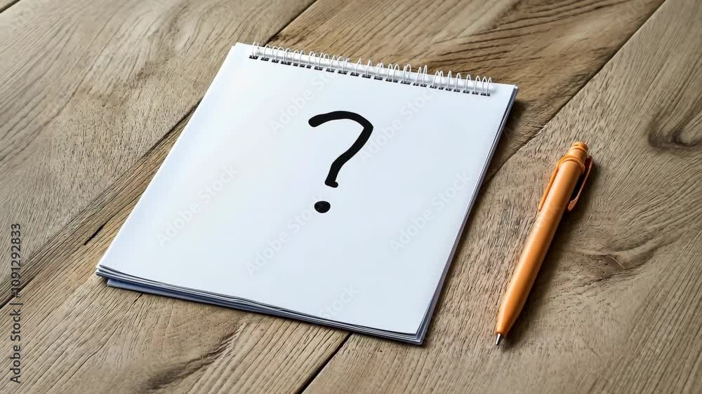 Poster a white spiral notebook with a question mark on it and a pen next to it. the notebook is open to a b