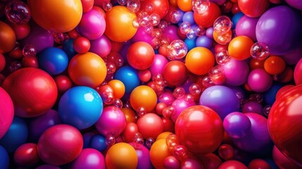 A colorful collection of balloons in shades of red, purple, blue, and orange, surrounded by floating bubbles, creating a lively and cheerful atmosphere.