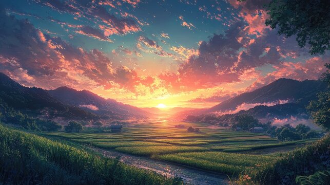 Serene sunset landscape showcasing rolling cultivated fields bathed in warm, golden light, with dramatic clouds enhancing the tranquil beauty of nature.