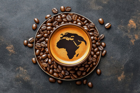 A freshly brewed coffee cup with a map design, surrounded by coffee beans on a dark surface, symbolizing global coffee culture. Shape of an Africa continent, latte art.
