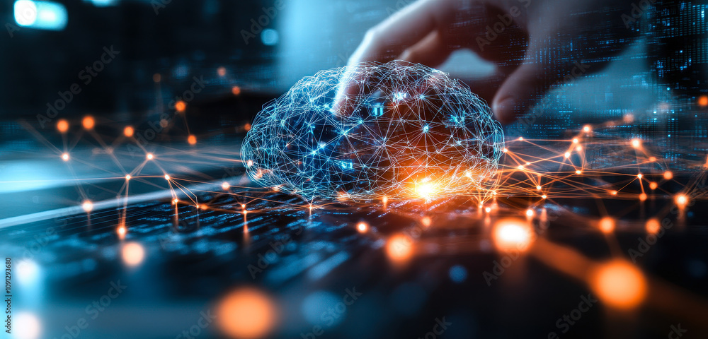 Poster futuristic ai brain network in business analysis and machine learning technology