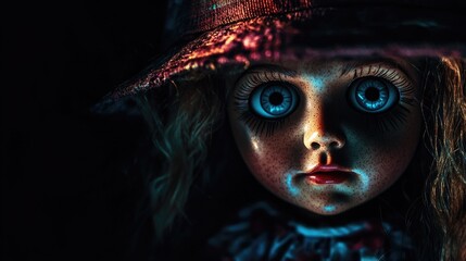 Fototapeta premium Vintage doll with haunting blue eyes, wearing a dark hat, surrounded by a shadowy and eerie atmosphere that creates a chilling ambiance.