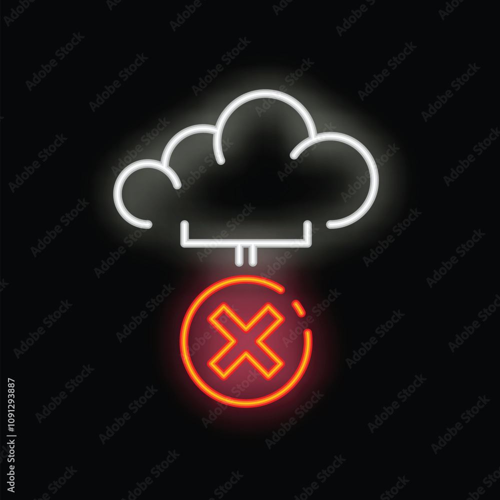 Poster neon style icon of a cloud computing server with a red x indicating an error