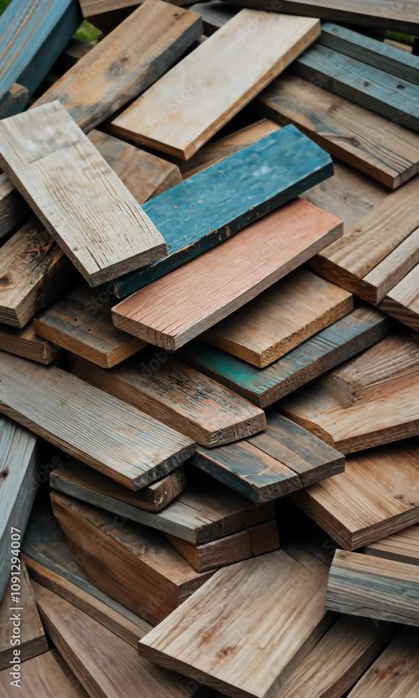 Poster a pile of wood with different colors stacked on top of each other. concept of creativity and resourc