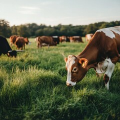 Herd of cattle above the wood on the grassland