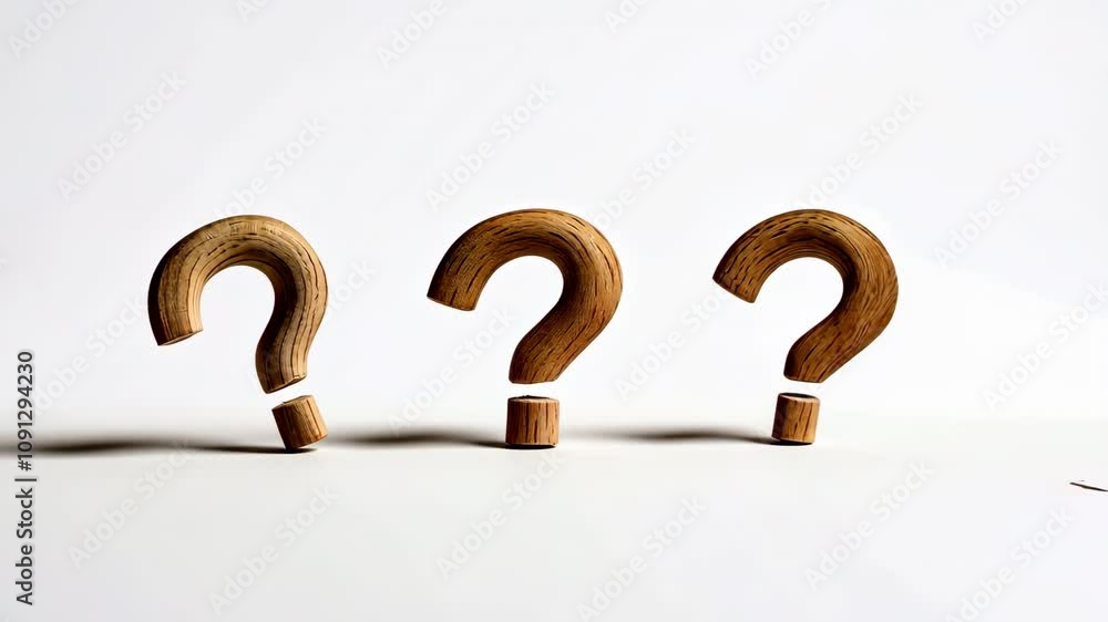 Poster three wooden question marks are lined up on a white background. the first question mark is broken in