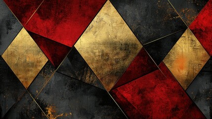 An abstract geometric background with bold triangular shapes in shades of deep red, gold, and black. Metallic textures enhance the sharp edges and dynamic composition. The result is a striking, 