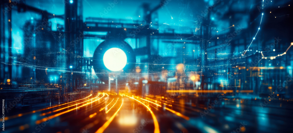 Poster futuristic smart factory with network connectivity and digital data streams