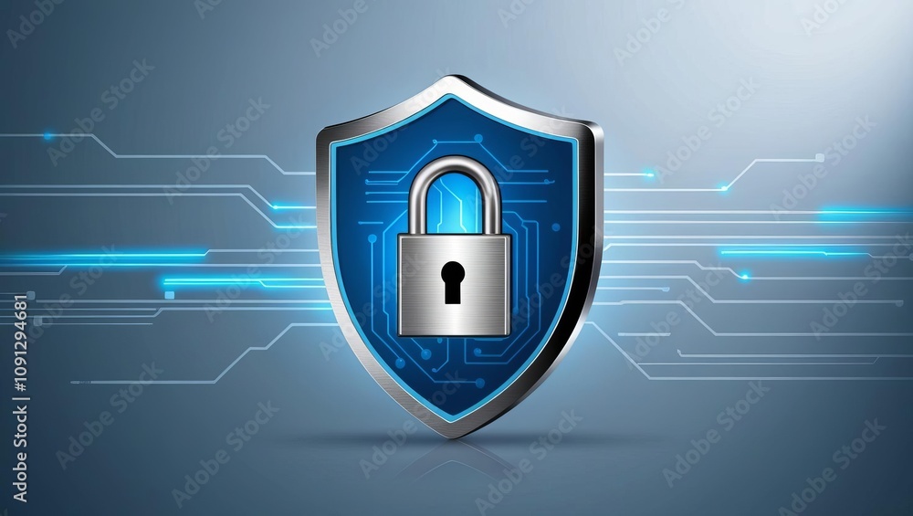 Poster a digital shield with a padlock symbolizes cybersecurity and data protection in a modern technologic