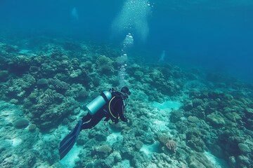 Fototapeta premium Diver Exploring Vibrant Coral Reef Underwater Scene