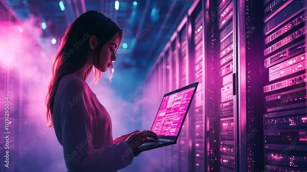 Aufkleber woman using laptop in data center cloud storage with computers in racks. \ video