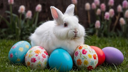 Angora Rabbits and Easter Eggs. Spring Card