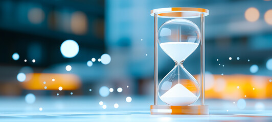 Fototapeta premium An abstract glowing hourglass with floating particles, symbolizing time and innovation, in a blurred space.
