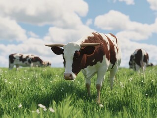 Herd of cattle above the wood on the grassland