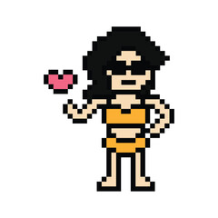 Fototapeta premium Cute pixel cartoon two piece character woman bikini swimming suit game summer beach vacation for decoration lifestyle female bikini 2 piece cartoon 8 bit holiday relax pixel art png vector.