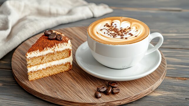 Coffee and bakery  coffee beans  cozy conceptual. A delicious slice of tiramisu paired with a creamy cappuccino, beautifully presented on a wooden board, perfect for a cozy coffee break.