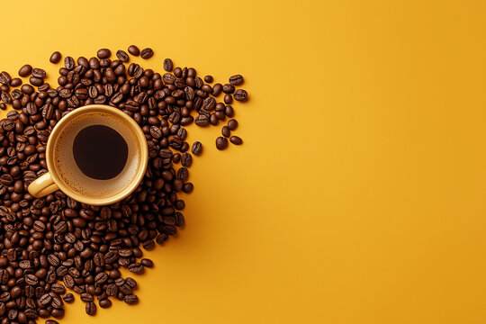 A freshly brewed coffee cup surrounded by coffee beans on yellow background symbolizing global coffee culture. Copy space, latte art.