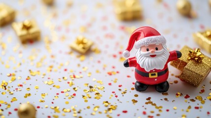 Obraz premium Christmas themed flat lay featuring a cheerful Santa figure surrounded by golden confetti and festive present boxes on a bright white background.