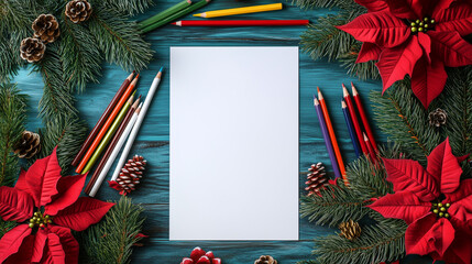 Festive New Year Christmas Holiday Crafting Scene Mock up with Blank Canvas, colored pencils, poinsettias, evergreen fir-tree branches on blue wooden background