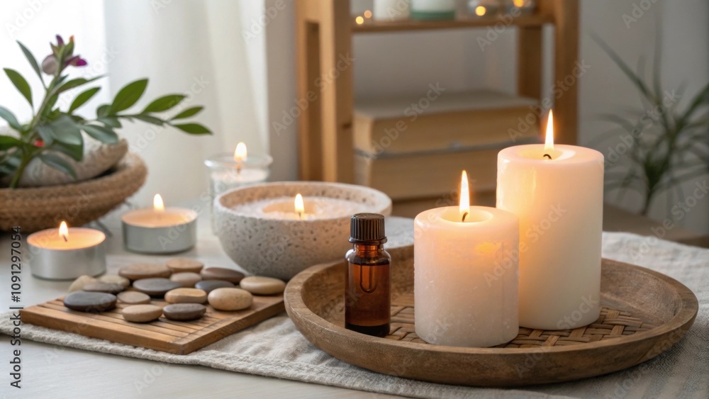 Poster a soothing image of candles and calming essential oils set up during a selfreflection session about 