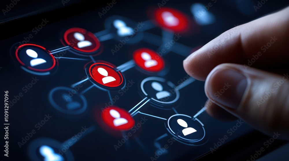 Poster closeup of hand holding mobile phone with abstract red and white circular pattern display