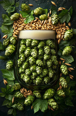 glass of dark beer and hops, wheat. Abstract background. National beer day. St. Patrick Day. 