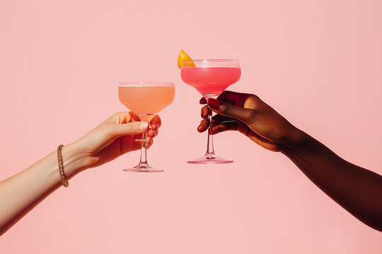 Two hands raising pink cocktails in cheers against a pastel background, symbolizing celebration, friendship, and joyful moments. Party, friends and fun concept, restaurants, cafe and bar culture