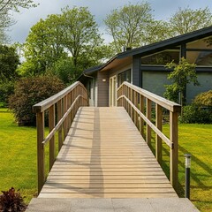 Obraz premium A wooden ramp leads to a house in a green garden, with ample space at the top for text. Perfect for architecture or accessible infrastructure projects. Created by AI.