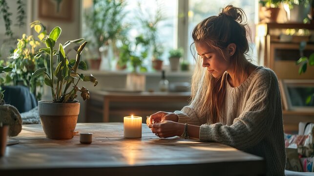 A woman sits at a wooden table in her living room, lighting a candle.