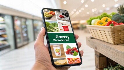 A smartphone displaying a shopping app with various promotions and discounts on groceries.