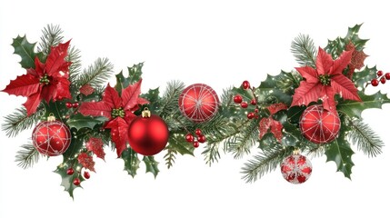 Festive holiday frame with vibrant red poinsettias, lush green foliage, and glittering ornaments creating a cheerful seasonal decoration.