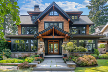 Fototapeta premium Traditional American home exterior featuring a well-maintained garden, charming brickwork, and spacious windows under a bright blue sky, emphasizing elegance and comfortable living