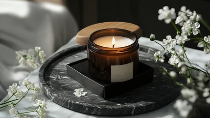 Amber glass candle jar with a burning candle, wooden lid, and label. Packaged in a black cardboard box with white flower petals on a marble plate.