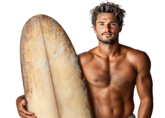 Surfer Holding White Surfboard on Transparent Background
