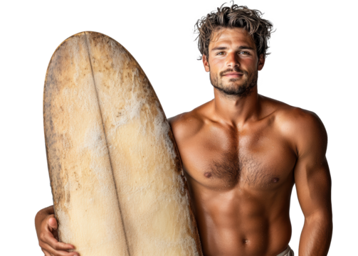 Surfer Holding White Surfboard on Transparent Background