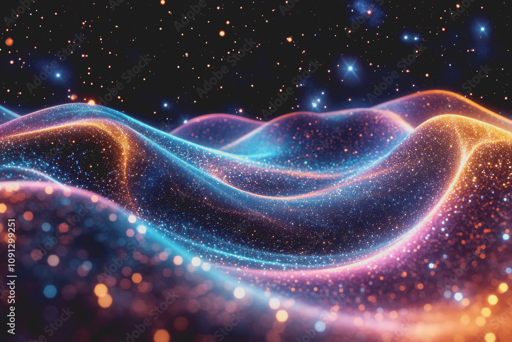 Poster vibrant abstract space scene with celestial elements and star frequencies, featuring waves of blue a