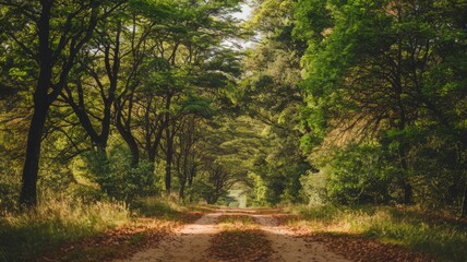 Obraz premium Serene forest path surrounded by lush green trees under soft sunlight.