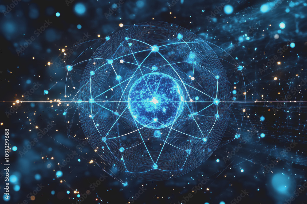 Poster abstract representation of a cosmic space featuring blue star frequency waves and stellar elements i