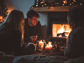 Obraz premium Holiday tradition of sharing stories by a warm fireplace cozy living room emotional gathering intimate family bonding