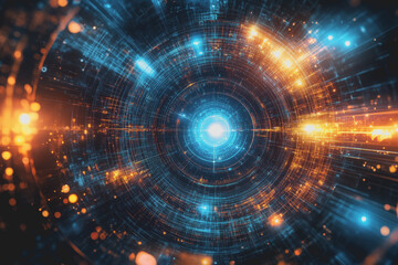 Obraz premium Abstract representation of a cosmic scene featuring vibrant blue and orange light patterns, depicting a star and space frequency effects for digital art projects.