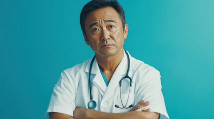 Thoughtful male doctor stands confidently in blue setting.