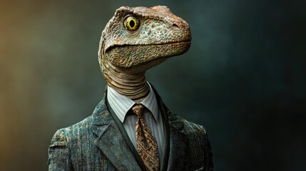 Dinosaur dressed in a formal suit with a tie, showcasing a blend of humor and sophistication in a unique artistic portrayal.