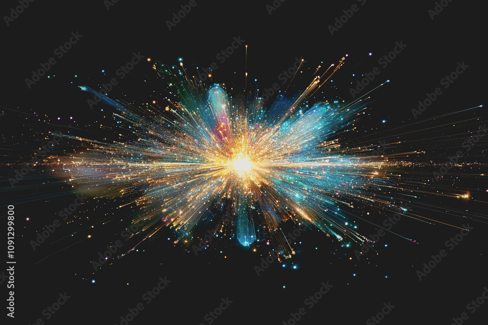Poster stunning abstract space composition featuring a blue starburst with vibrant light rays and colorful 