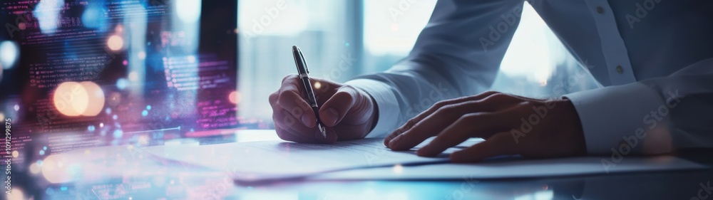 Poster professional business person writing on paper with modern technology displaying digital data and bri